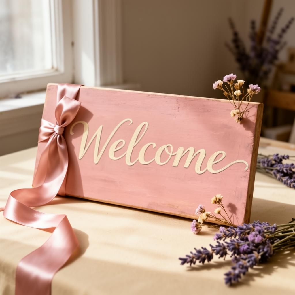 Hand-painted pink welcome sign with cream calligraphy and ribbon